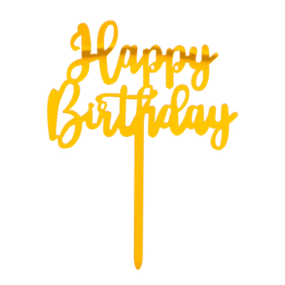 Bouchon de gâteau doré "Happy Birthday" en police de caractères ludique