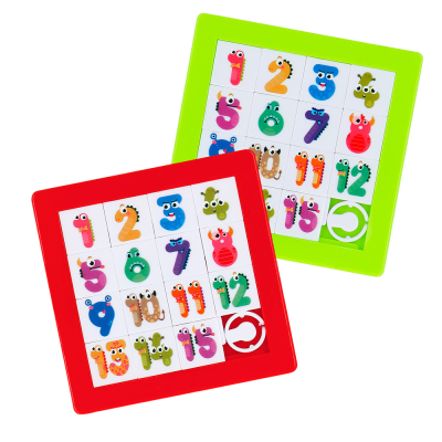 Red and green sliding puzzle game with numbers from 1 to 15 in different monster figures..