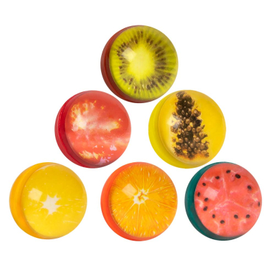 6 bouncing balls with different fruit designs such as a kiwi, orange, watermelon and lemon.