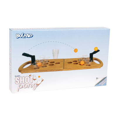 Jeu à boire Shot Pong avec plateau de jeu en bois, verres à shot et lanceurs, parfait pour les fêtes et les soirées de jeux.