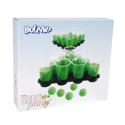 Jeu à boire Beer Pong avec gobelets verts, balles et support, parfait pour les fêtes et les soirées de jeux.