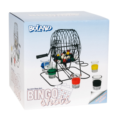 Bingo Shots drankspel met bingomolen, gekleurde balletjes en shotglazen, perfect voor een feestelijke spelavond.