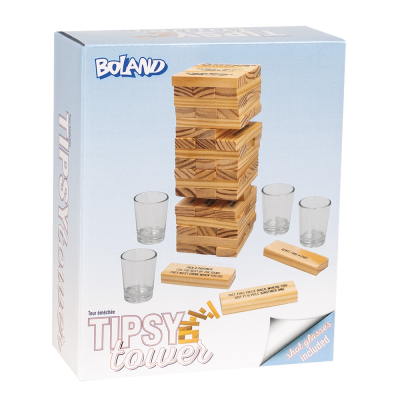 Drinking tower - Jeu de boisson avec des blocs de bois, des commandes et des verres à shot, parfait pour une soirée de jeu amusante.