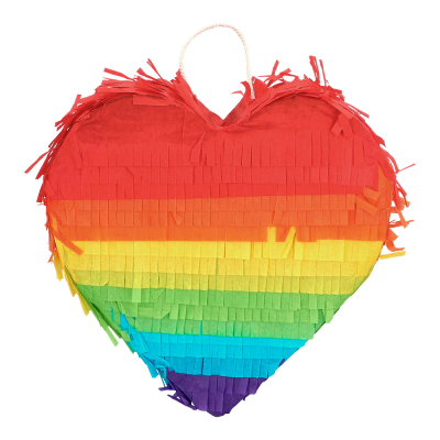 Pinata en forme de cœur aux couleurs de l'arc-en-ciel.