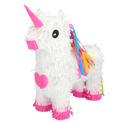 Eine mittelgro�e wei�e Einhorn-Pi�ata mit regenbogenfarbener M�hne und rosa Herzen, Pfoten, Nase und Horn.