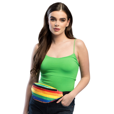 Woman with green top and rainbow waist bag, perfect for Pride or a colourful festival.
