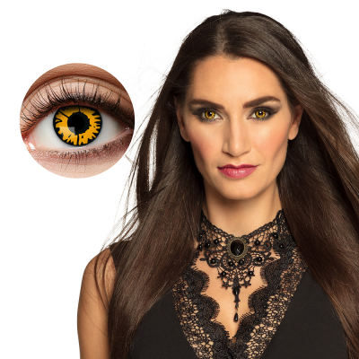 Œil avec lentille Halloween en orange avec noir.