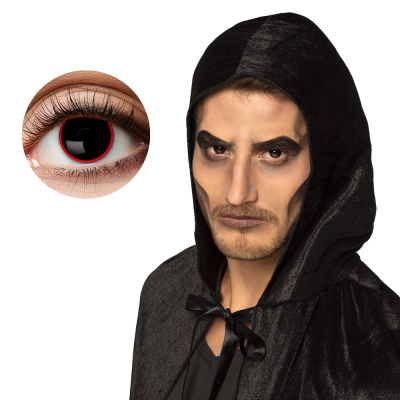 Eye with Halloween lens in black with red rim.