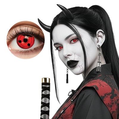 A woman is dressed as a demon samurai ninja and has black devil horns, white make-up and red scary contact lenses in for a complete outfit.