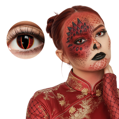 A woman is dressed as a japanese red dragon for Halloween with dragon scales make-up and red dragon lenses.