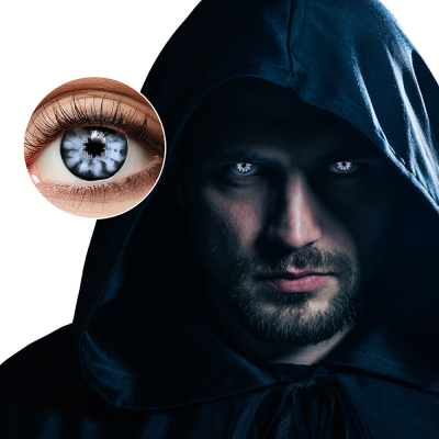 A mystery man wears a dark cape that makes it hard to see his face, but he has white contact lenses in.