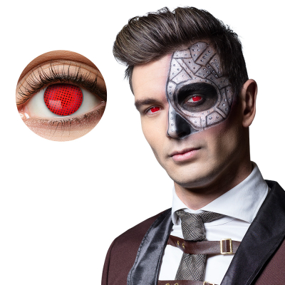 Eye with Halloween lens in red.