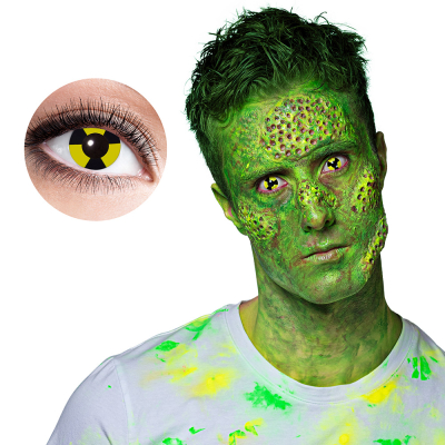 Œil avec lentille Halloween en jaune avec noir avec symbole de radioactif.
