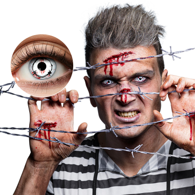 Eye with Halloween lens in white with black barbed wire and blood drops.