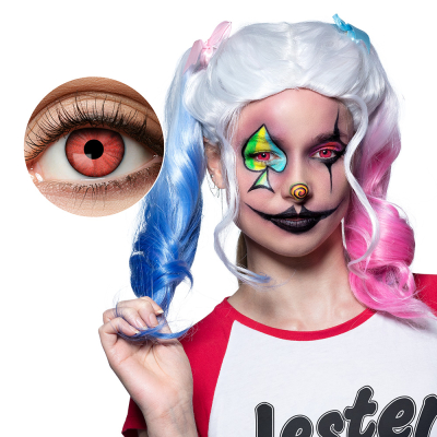 Eye with Halloween lens in pink. Colourful spades are painted around the eye.