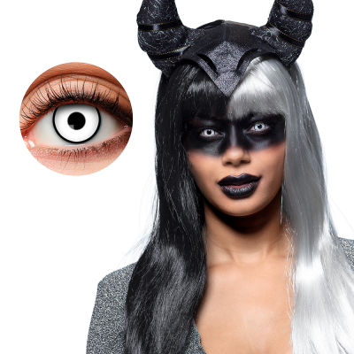 Eye with white Halloween lens with black rim. The eye around is painted black.