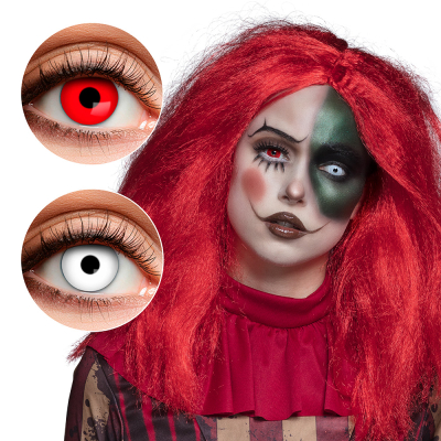 Un œil avec une lentille blanche d'Halloween et un œil avec une lentille rouge d'Halloween.