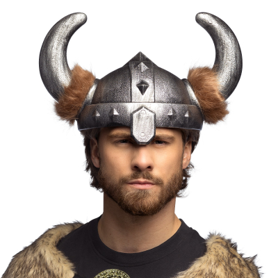 Man with plastic Viking helmet in metal look. The horns have plush edges.