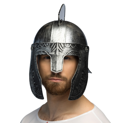 Man with an epic Roman helmet in metallic colour.