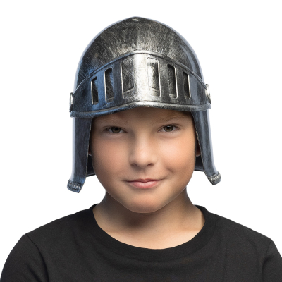 Boy with medieval knight's helmet with visor in metallic colour.