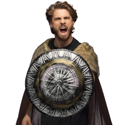 Stoere viking met groot rond schild in metaalkleur.