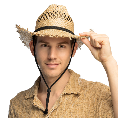 A man wearing a summery shirt has a cowboy-style straw hat on. The straw hat has a black adjustable chin strap for a secure fit.