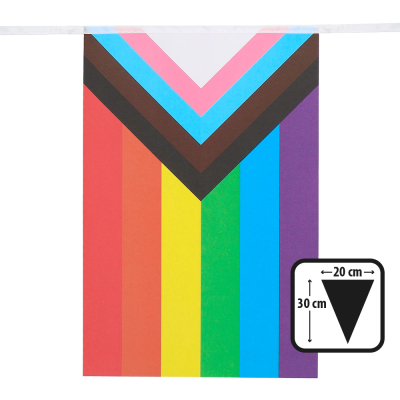 Drapeau de la fierté rectangulaire avec un triangle de progrès et les couleurs de l'arc-en-ciel. Le drapeau fait partie d'une ligne de drapeaux. Il y a un symbole noir en bas à droite et la taille du drapeau est de 20 cm de large et 30 cm de long.