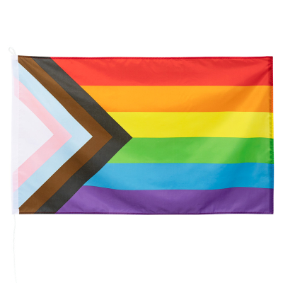 Polyester Progress flag with rainbow colours and on the left side the Progress triangle, On the left side you can see a white trim with a cord and a loop.