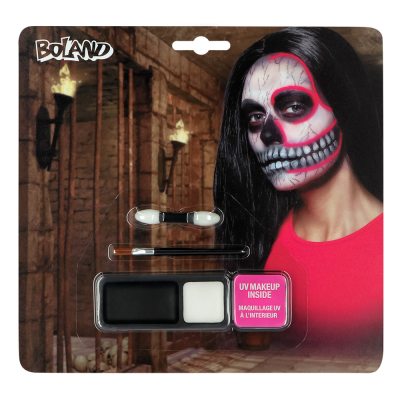 Schminkset voor een skull print. Blisterverpakking met een print van een vrouw geschminkt als doodshoofd met neonroze lijnen. De verpakking bestaat uit schmink, een sponsje en applicator.