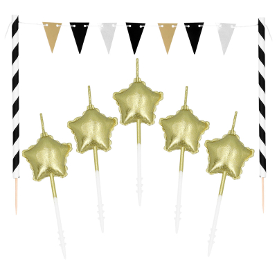5 gold-coloured candles on a toothpick in the shape of a star, 2 black and white striped sticks and a mini flag line in silver, black and gold.