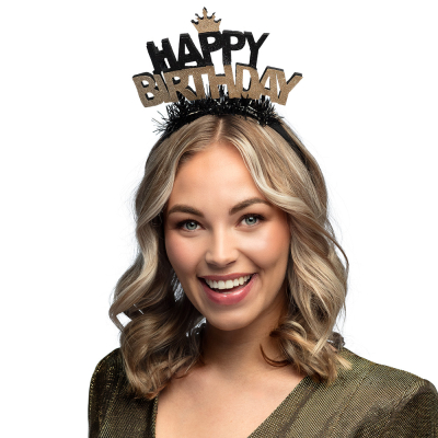 Femme portant un diad�me noir avec le texte "Joyeux anniversaire" en noir/or et paillettes.