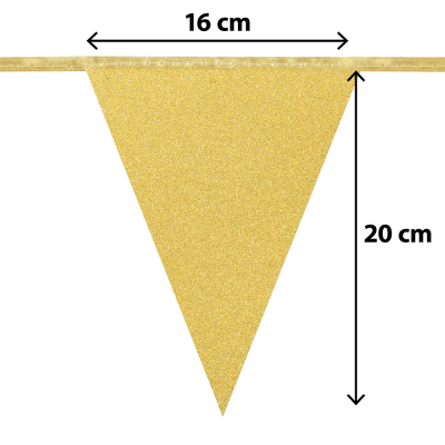 Gold glitter flag line for Eid Mubarak. The sizes of the flags are shown at the bottom right.