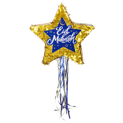 Gold star pull pinata with print Eid mubarak.