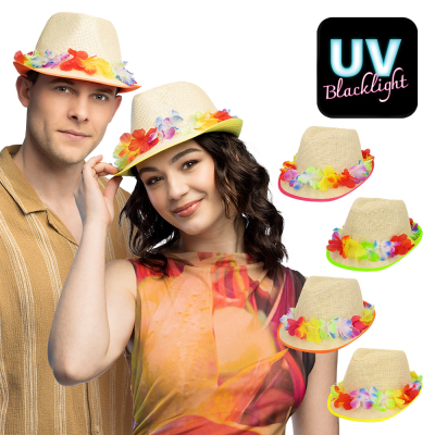 Chapeau de paille avec bord floral color� qui s'illumine sous la lumi�re noire UV, parfait pour les f�tes � th�me estivales, les f�tes hawa�ennes et les festivals.