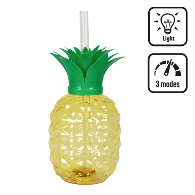 Yellow pineapple drinking cup with green leaf lid, straw and LED light function with 3 settings, ideal for tropical parties, summer parties and carnival.