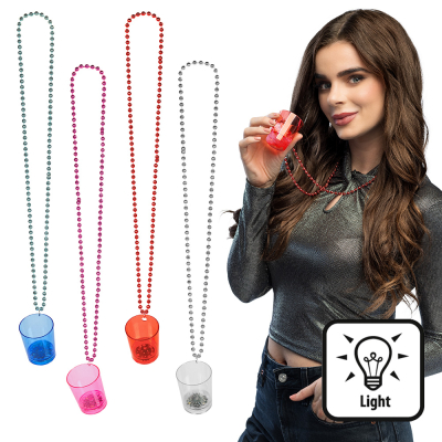 Coloured shot glass necklace with LED lights in different colours, festive accessory for carnival, festivals or apr�s-ski parties.