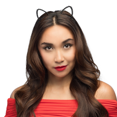 Woman with elegant black tiara with beaded cat ears. Perfect for a playful look at carnival or a fancy dress party.