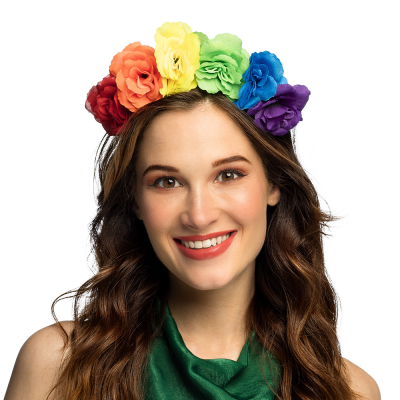 Diadem with rainbow flowers, cheerful and colourful for Pride, summer festivals and theme parties.