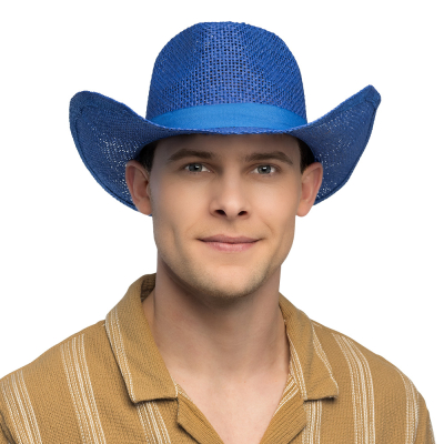 Man with bright blue cowboy hat made of braided material, perfect for country themed parties, carnivals and summer festivals.