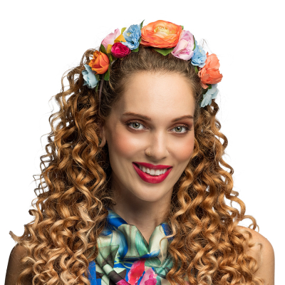 Femme avec un diad�me de fleurs color�es en orange, bleu, rose et jaune, accessoire joyeux pour les festivals, les f�tes d'orgueil, les f�tes d'�t� et les carnavals.