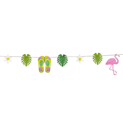 Guirlande tropicale avec des fleurs, des feuilles vertes, des tongs et un flamant rose - d�coration joyeuse pour les f�tes hawa�ennes, les barbecues d'�t� et les f�tes de plage.