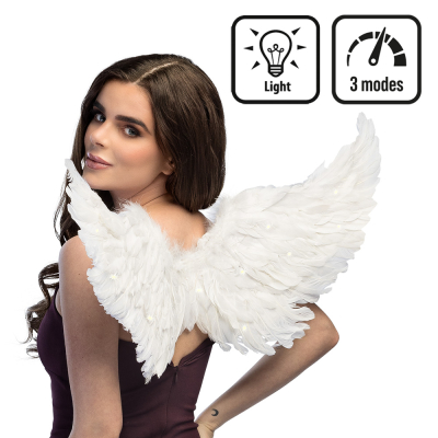 Vrouw met witte engelenvleugels met LED-verlichting in 3 standen, betoverend accessoire voor kerst, engelenkostuums, carnaval en themafeesten.