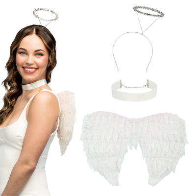 Angel costume set with white wings, shiny choker and silver halo diadem - complete accessory for Christmas, carnival and theme parties.