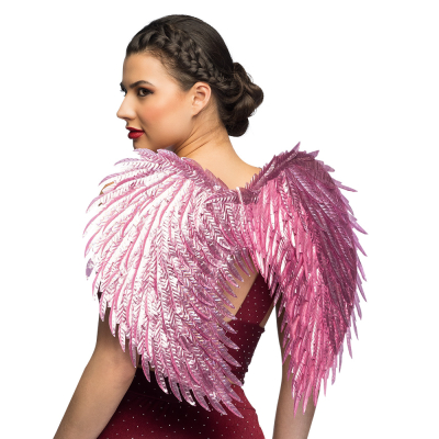Woman with romantic pink angel wings with an elegant sheen. Perfect for a fancy dress party or carnival.