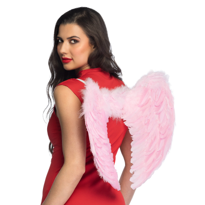 Woman with romantic pink angel wings with feathers. Perfect for a fancy dress party or carnival.