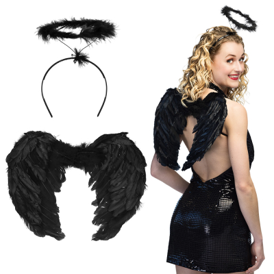 Angel set with black wings and a fluffy halo diadem, worn by a woman - perfect for Christmas, carnival, angel costumes and theme parties.