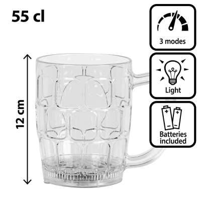 Transparante kunststof bierpul van 550 ml met ingebouwd LED-licht in drie standen, leuk voor après-ski of een bierfeest.