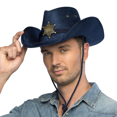 Man with dark blue suede cowboy hat with silver sheriff's star. Perfect accessory for a western-themed party or carnival costume.