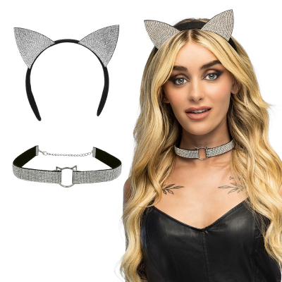 A woman is dressed as a sexy cat and wears a tiara with shiny cat ears and a matching choker, in addition the products are also shown separately.