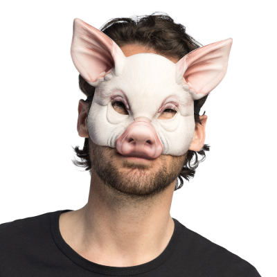 Man with realistic pig mask with large ears and snout - funny and eye-catching accessory for carnival, theme parties or animal costumes.